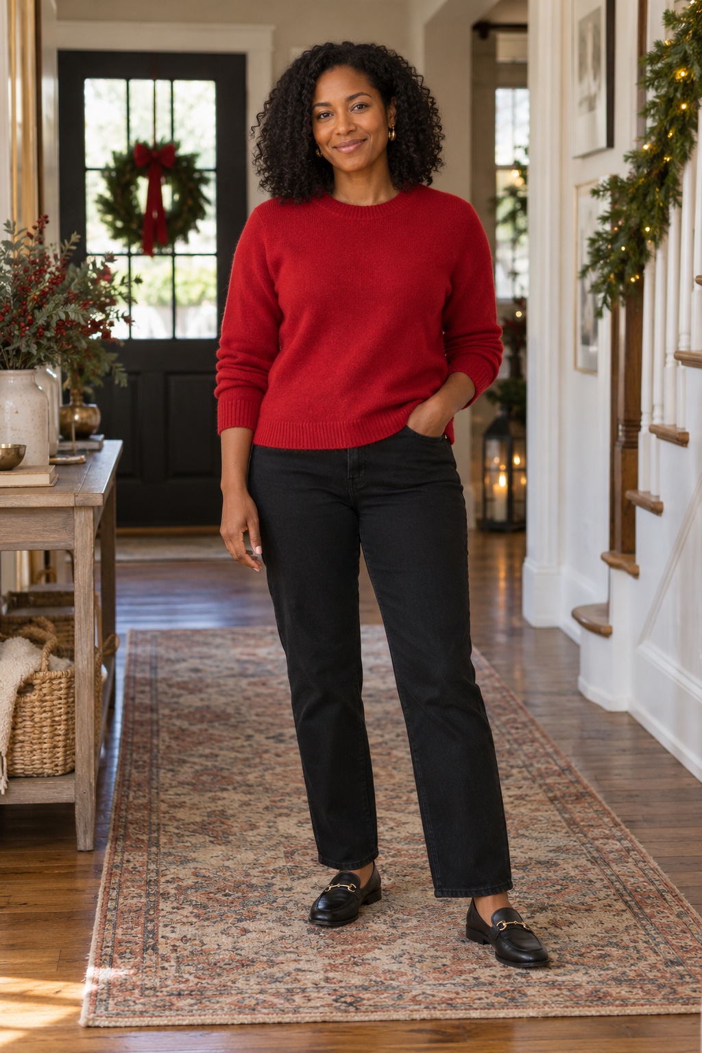 A woman wears a red sweater with black straight-leg jeans and black loafers.
