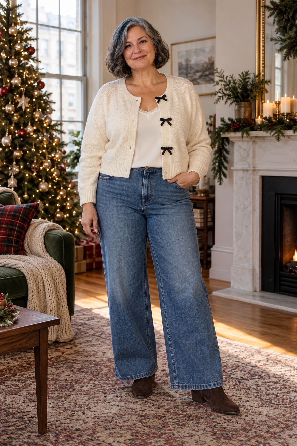 A woman wears a cream bow cardigan, blue wide-leg jeans and chocolate ankle boots.