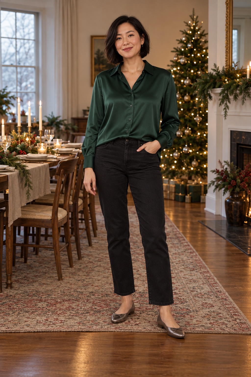 A woman wears a forest-green satin blouse with black jeans and pewter ballet flats.