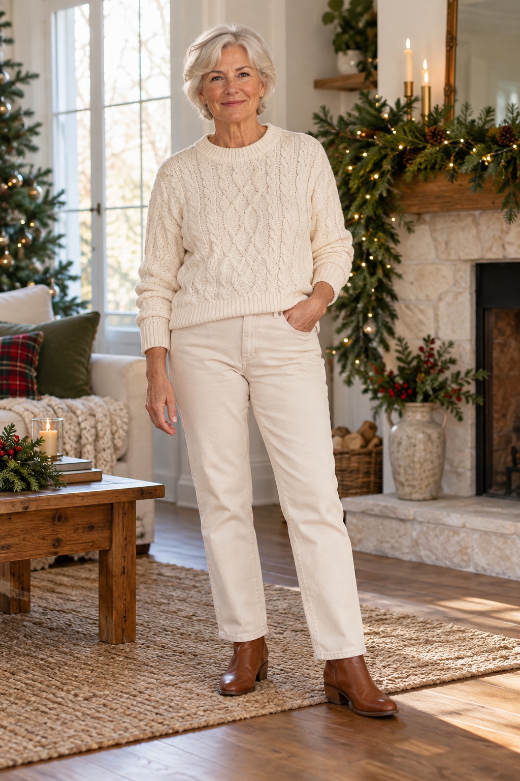 A woman wears an ivory cable-knit sweater, ecru jeans and cognac ankle boots.