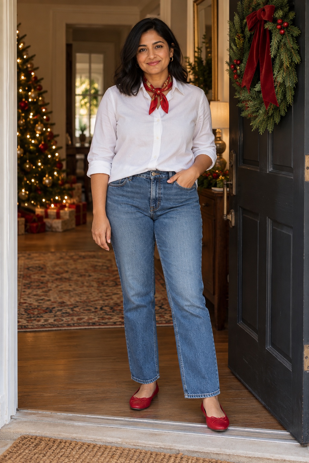 A woman wears a white shirt, a red neck scarf, blue jeans and red ballet flats.