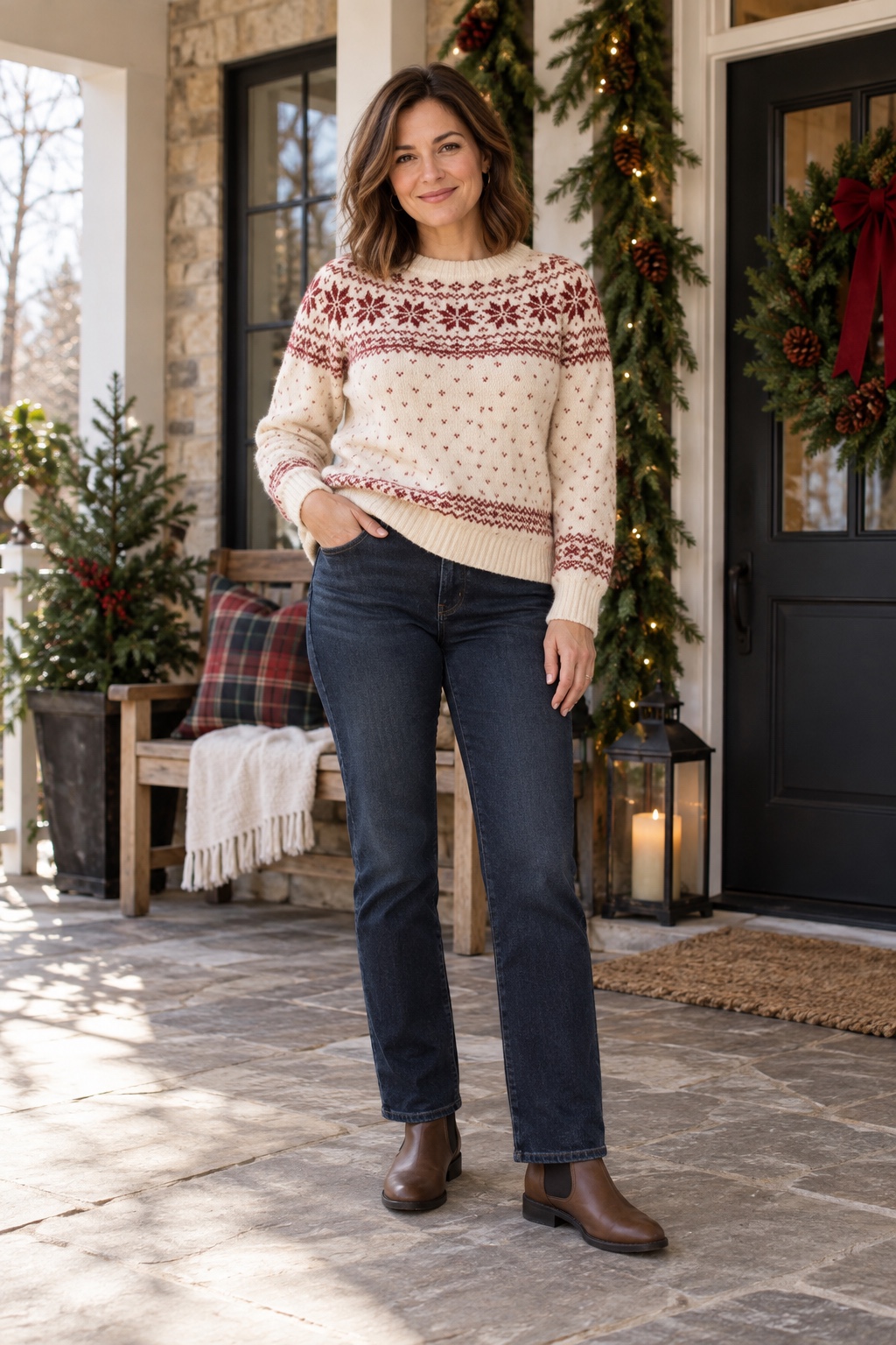 A woman wears a cream-and-red Fair Isle sweater with dark jeans and brown Chelsea boots.