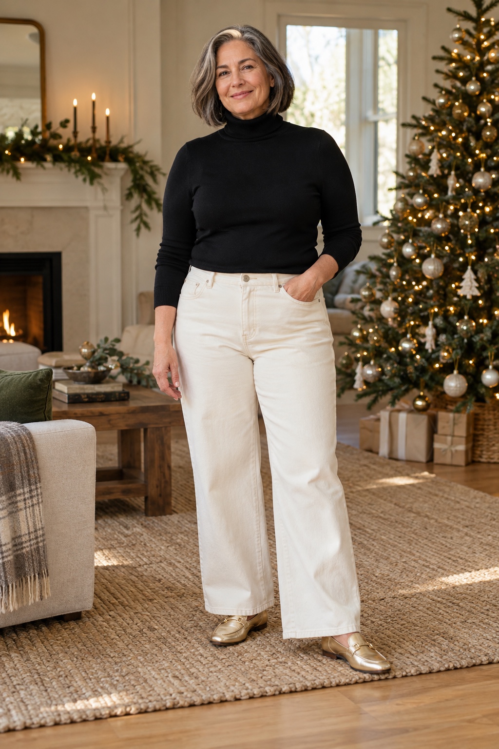 A woman wears a black turtleneck, ecru wide-leg jeans and gold loafers.