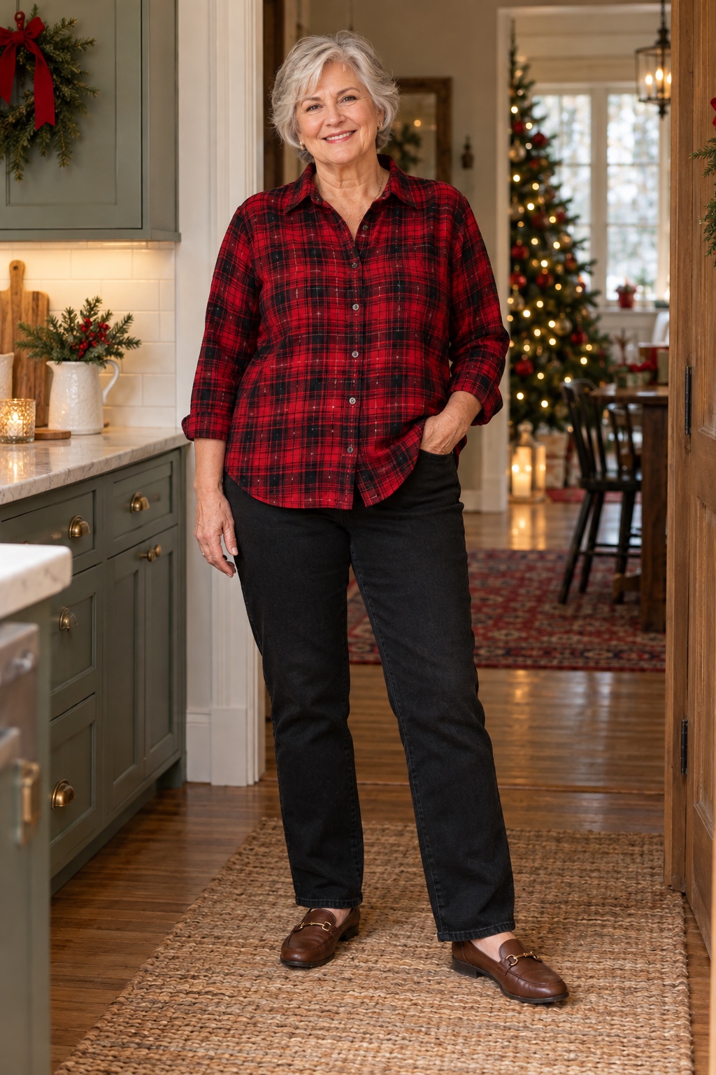 A woman wears a red plaid shirt with black jeans and brown loafers.