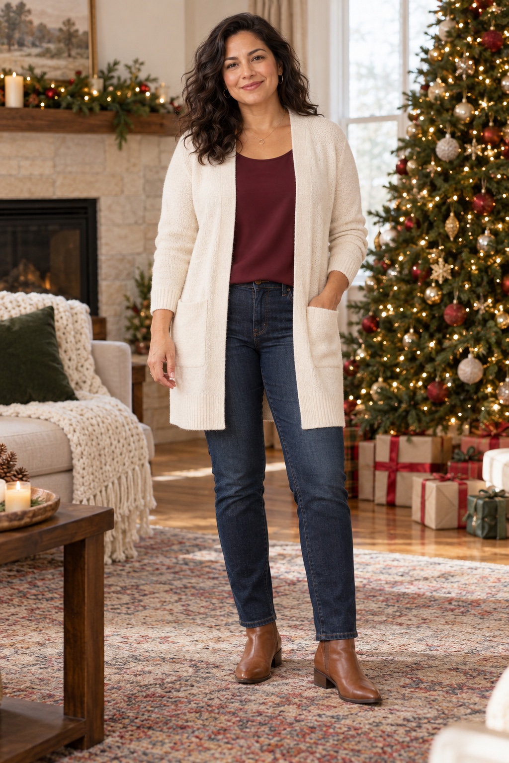 A woman wears a long cream cardigan over a burgundy top with indigo jeans and cognac boots.