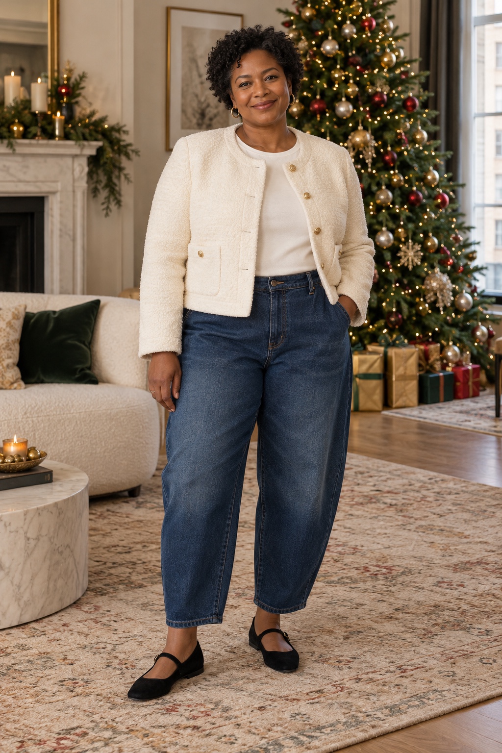 A woman wears a cream boucle jacket with dark barrel-leg jeans and black Mary Janes.