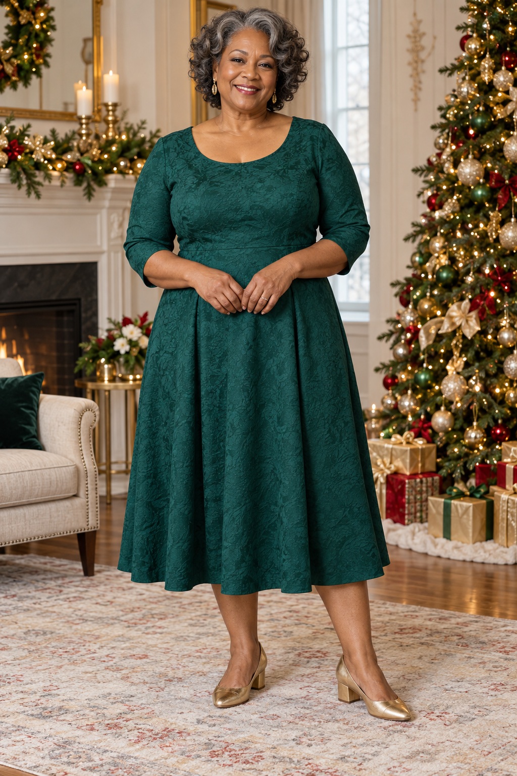 A plus-size woman wears an emerald midi dress with gold low block heels at a holiday party.