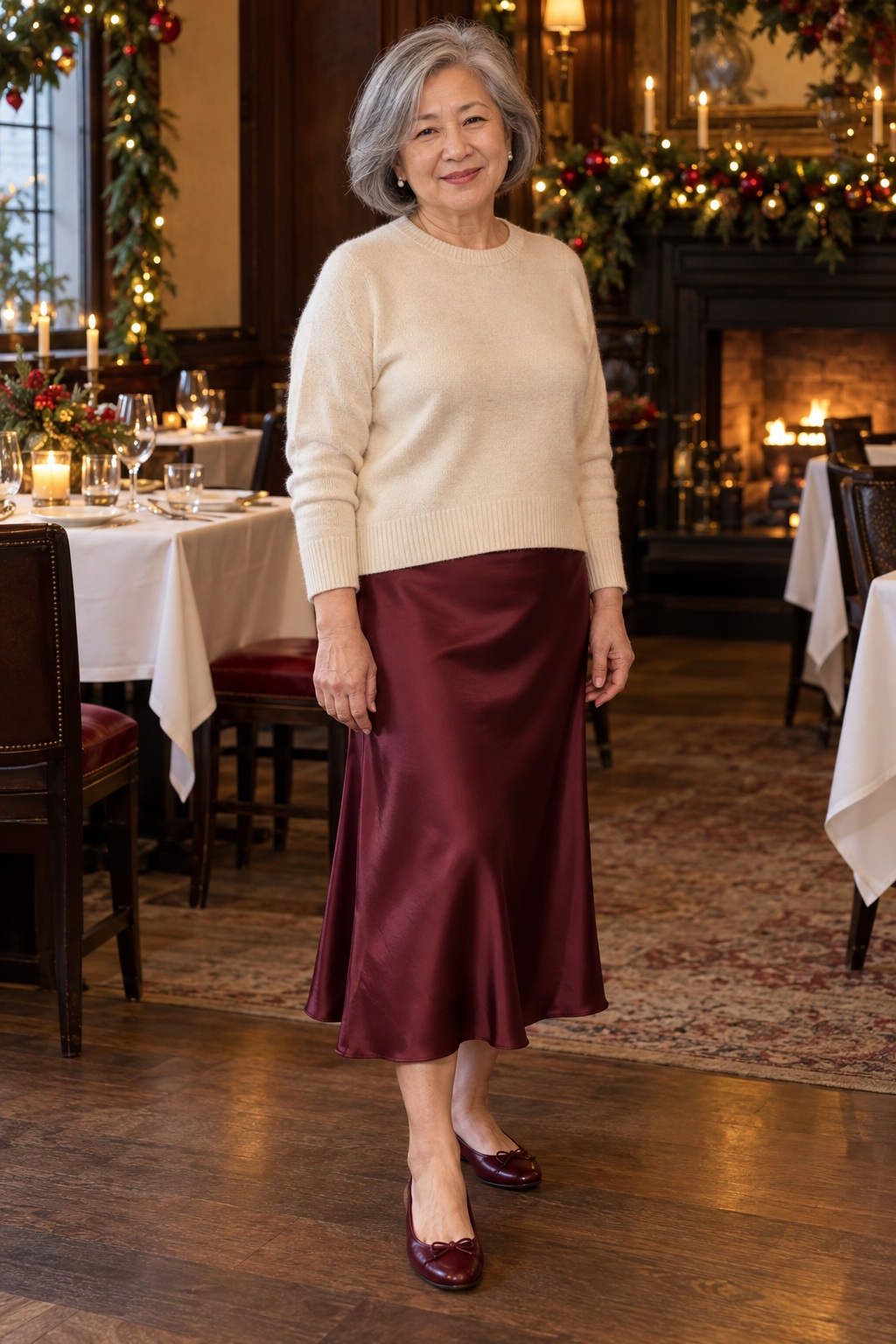A gray-haired woman wears a cream sweater with a burgundy satin skirt and ballet flats.
