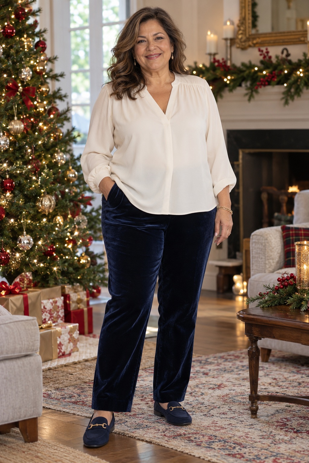 A woman wears an ivory blouse with navy velvet trousers and loafers.