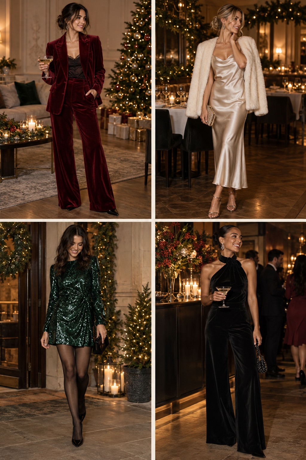Visual guide to Christmas party outfits with polished colors, fabrics and layers.