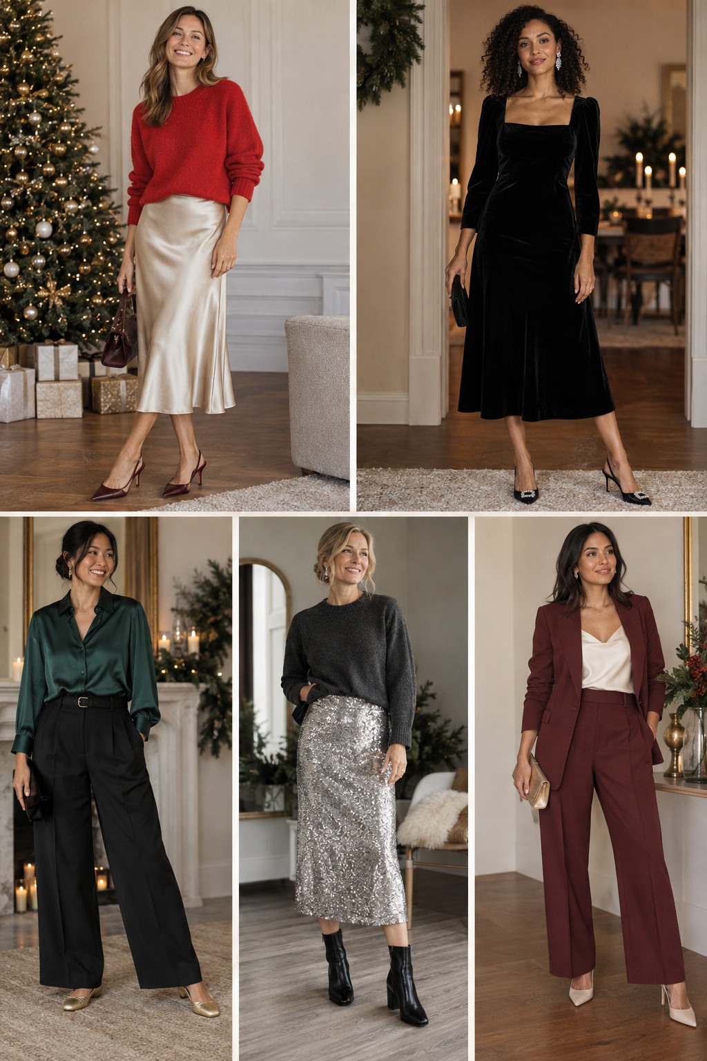 Five examples of Christmas party outfits with complete head-to-toe styling.