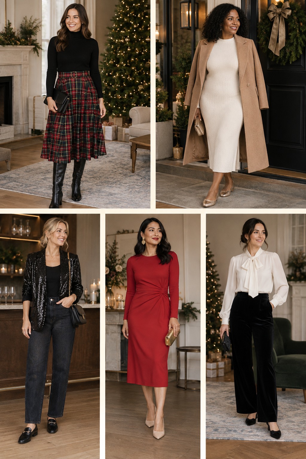 Five examples of Christmas party outfits with complete head-to-toe styling.