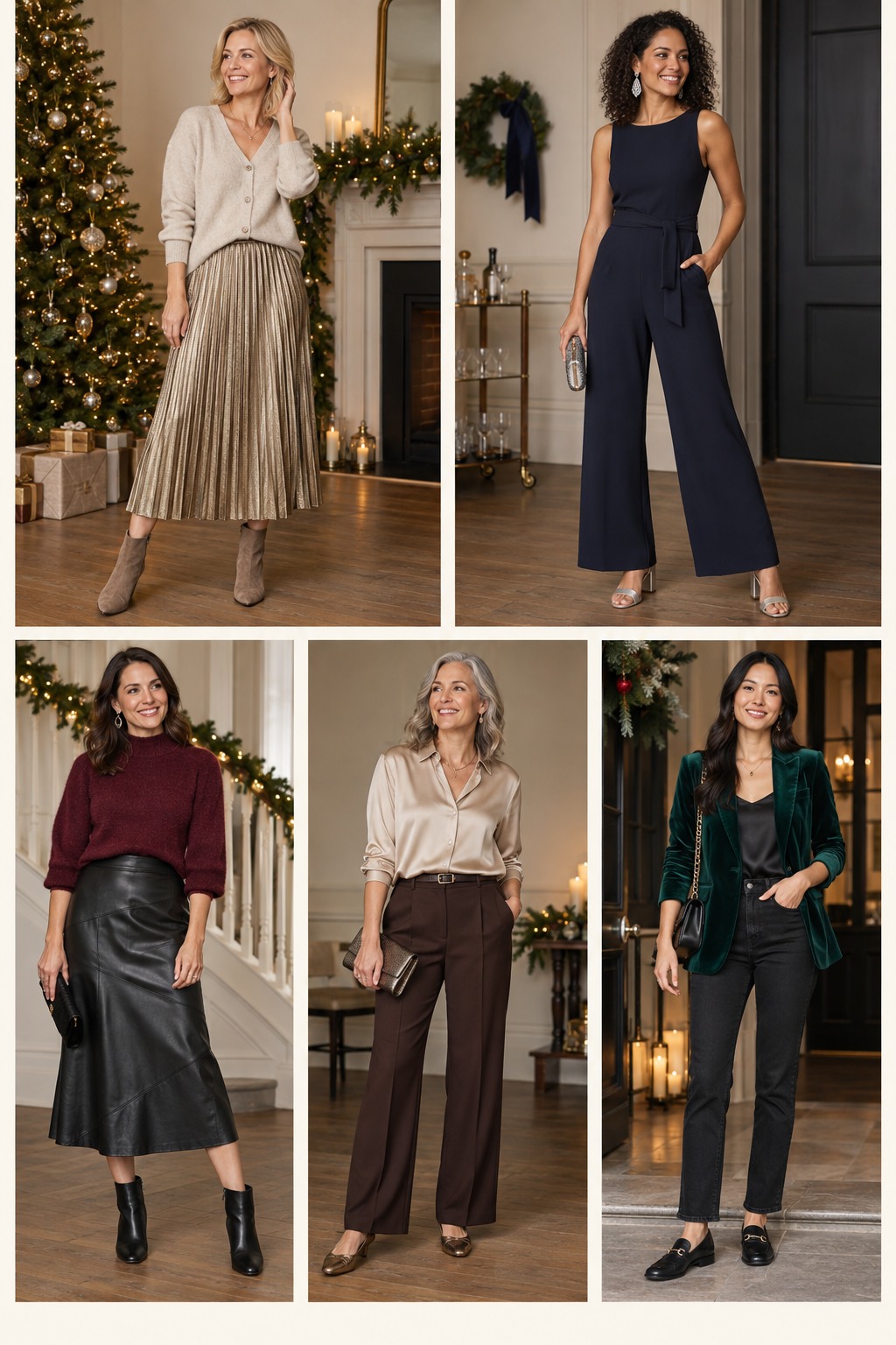 Five examples of Christmas party outfits with complete head-to-toe styling.