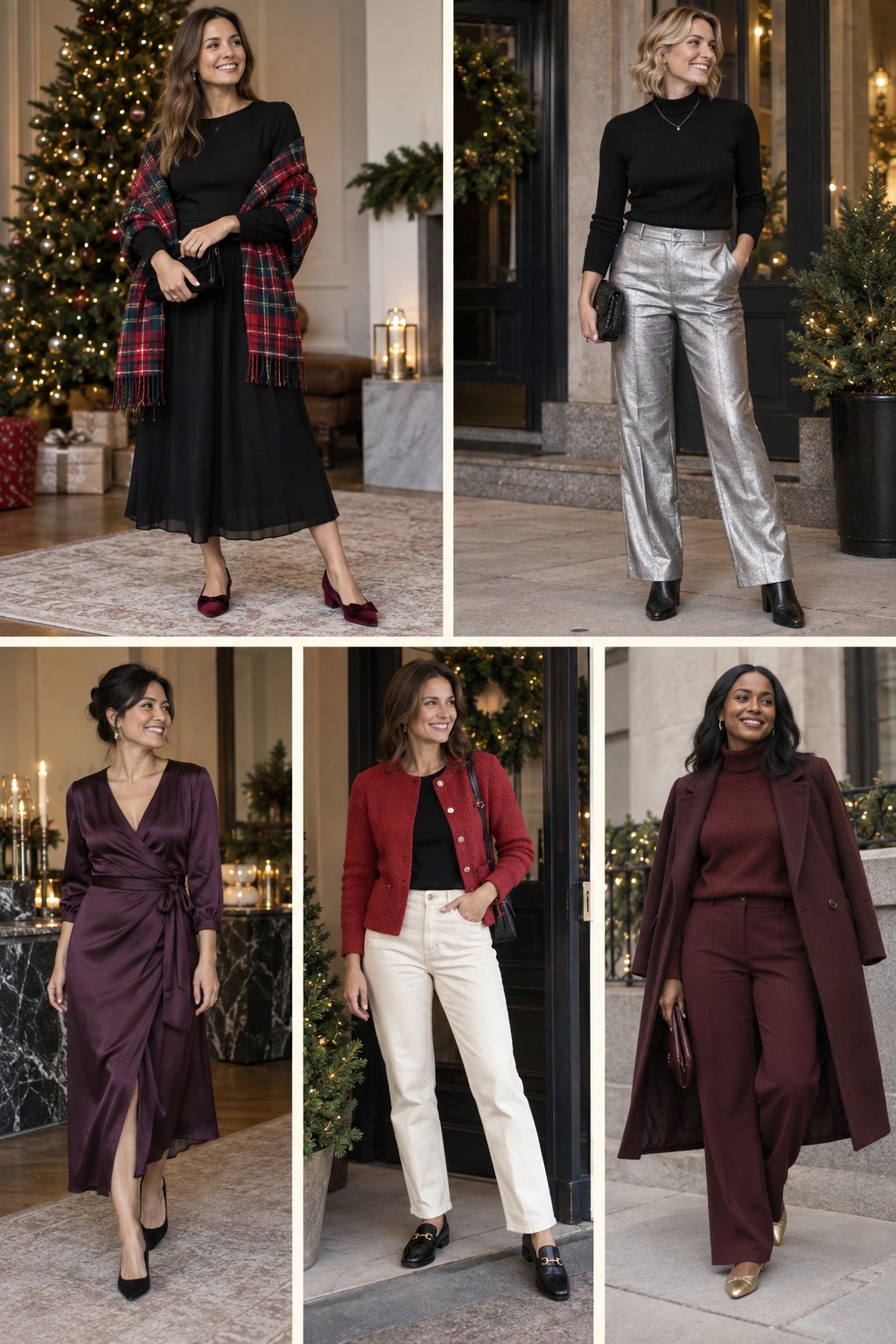 Five examples of Christmas party outfits with complete head-to-toe styling.