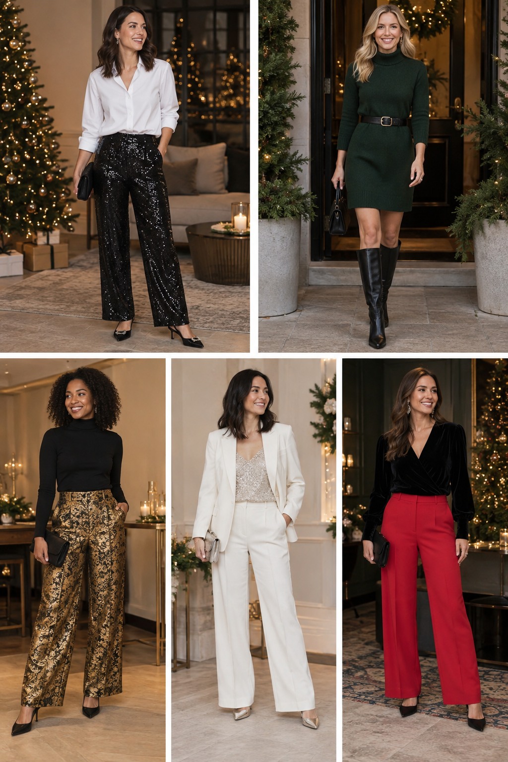 Five examples of Christmas party outfits with complete head-to-toe styling.