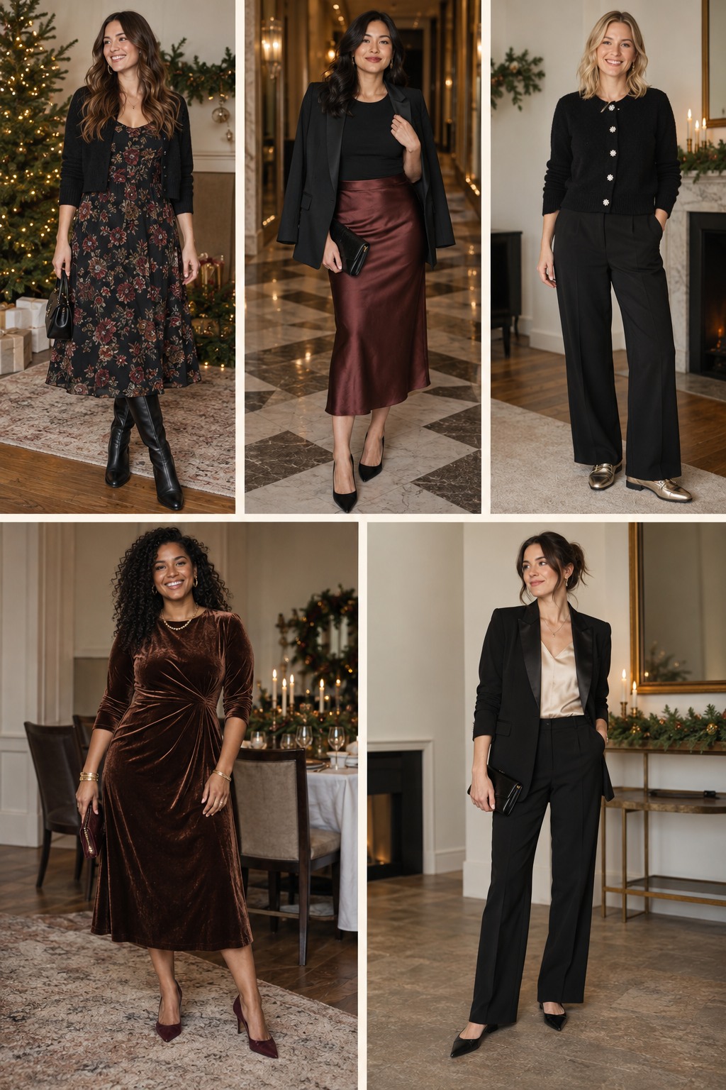 Five examples of Christmas party outfits with complete head-to-toe styling.