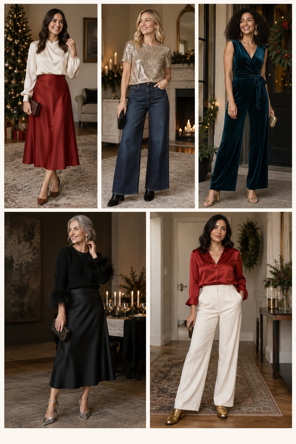 Five examples of Christmas party outfits with complete head-to-toe styling.