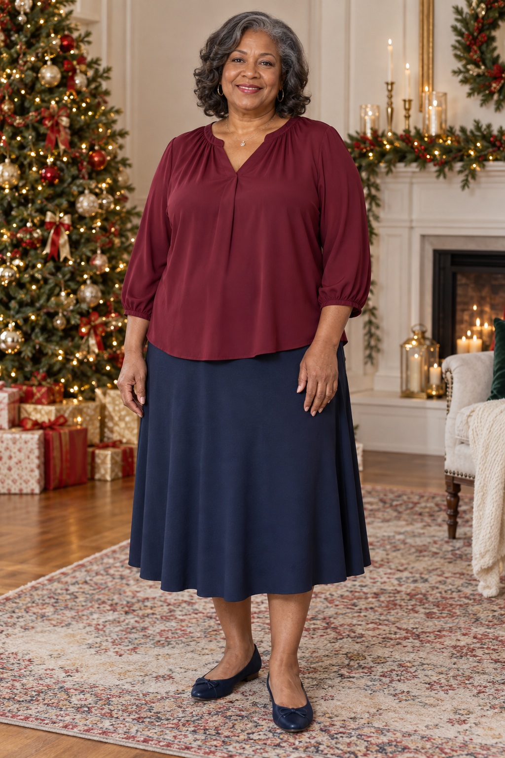 A woman wears a burgundy blouse with a navy midi skirt and flats for a Christmas portrait.