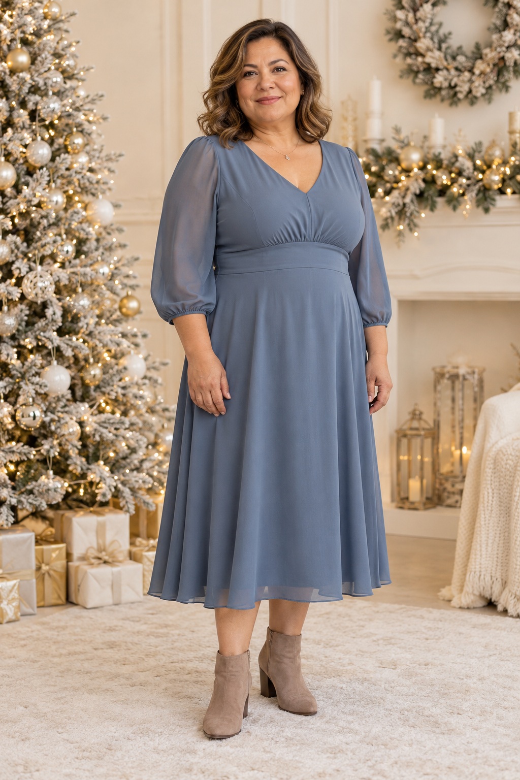 A woman wears a dusty-blue midi dress and taupe boots in a holiday portrait setting.