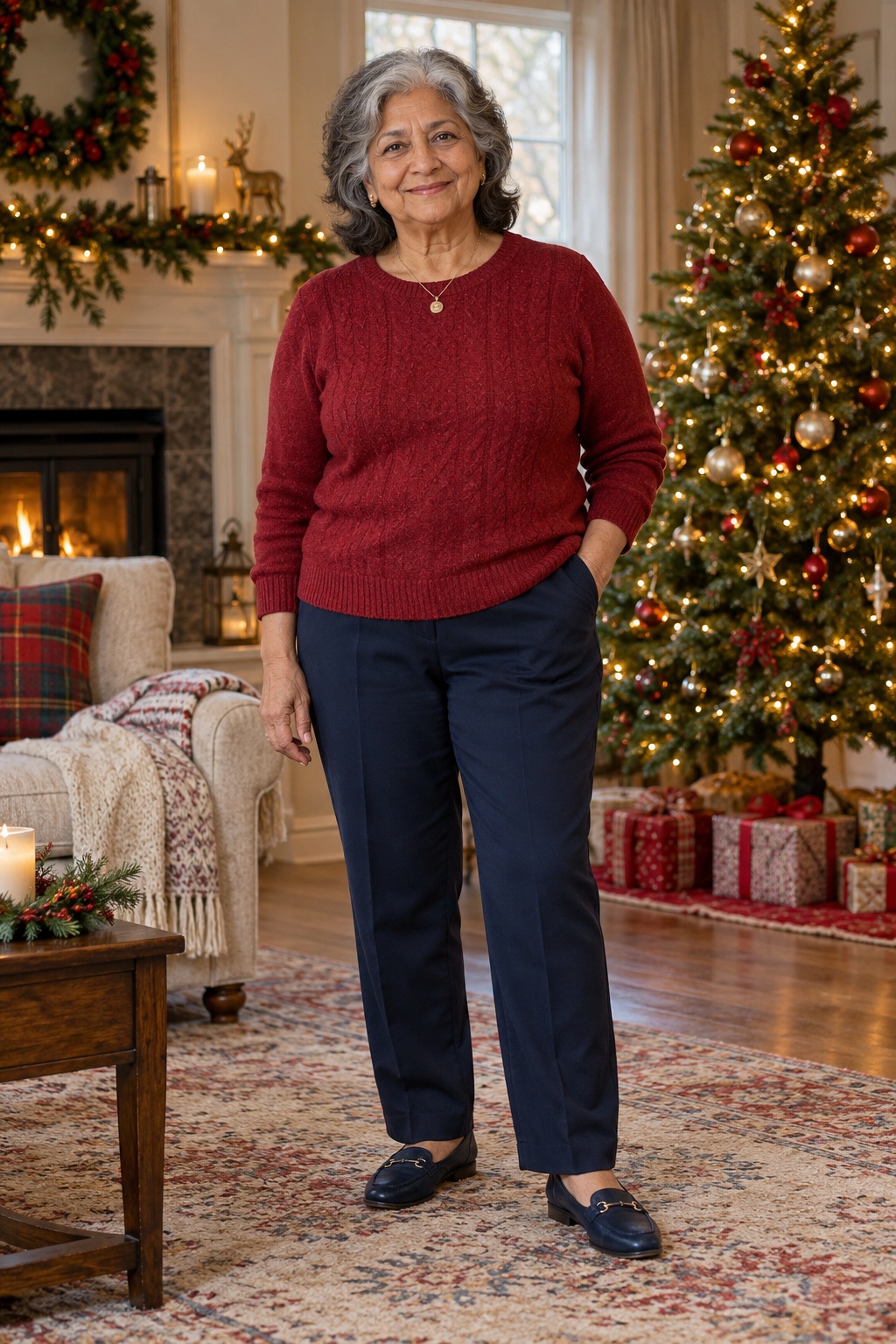 A woman wears a cranberry sweater with navy trousers and loafers beside a Christmas tree.