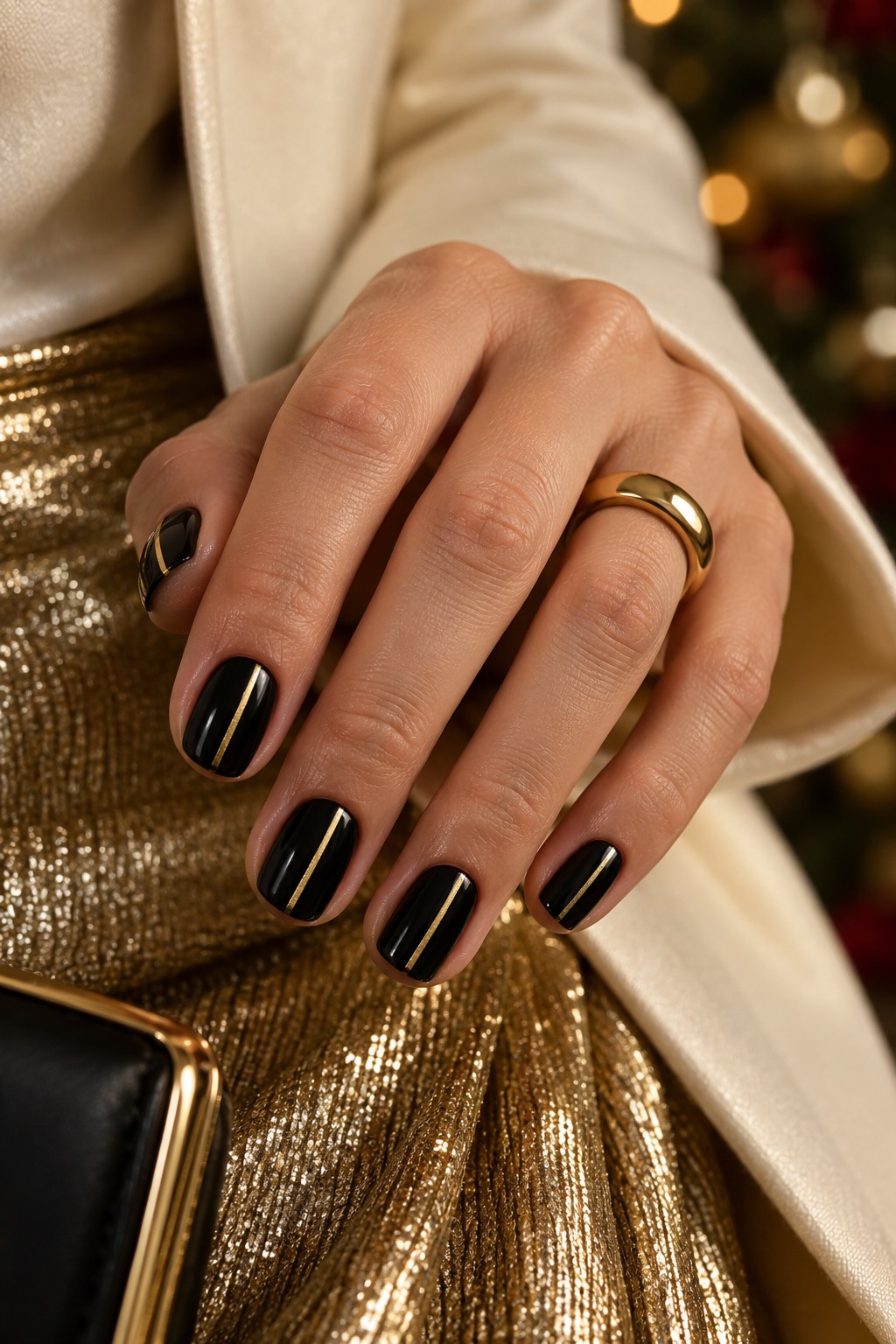 Large manicure and outfit example for classy christmas nail ideas.