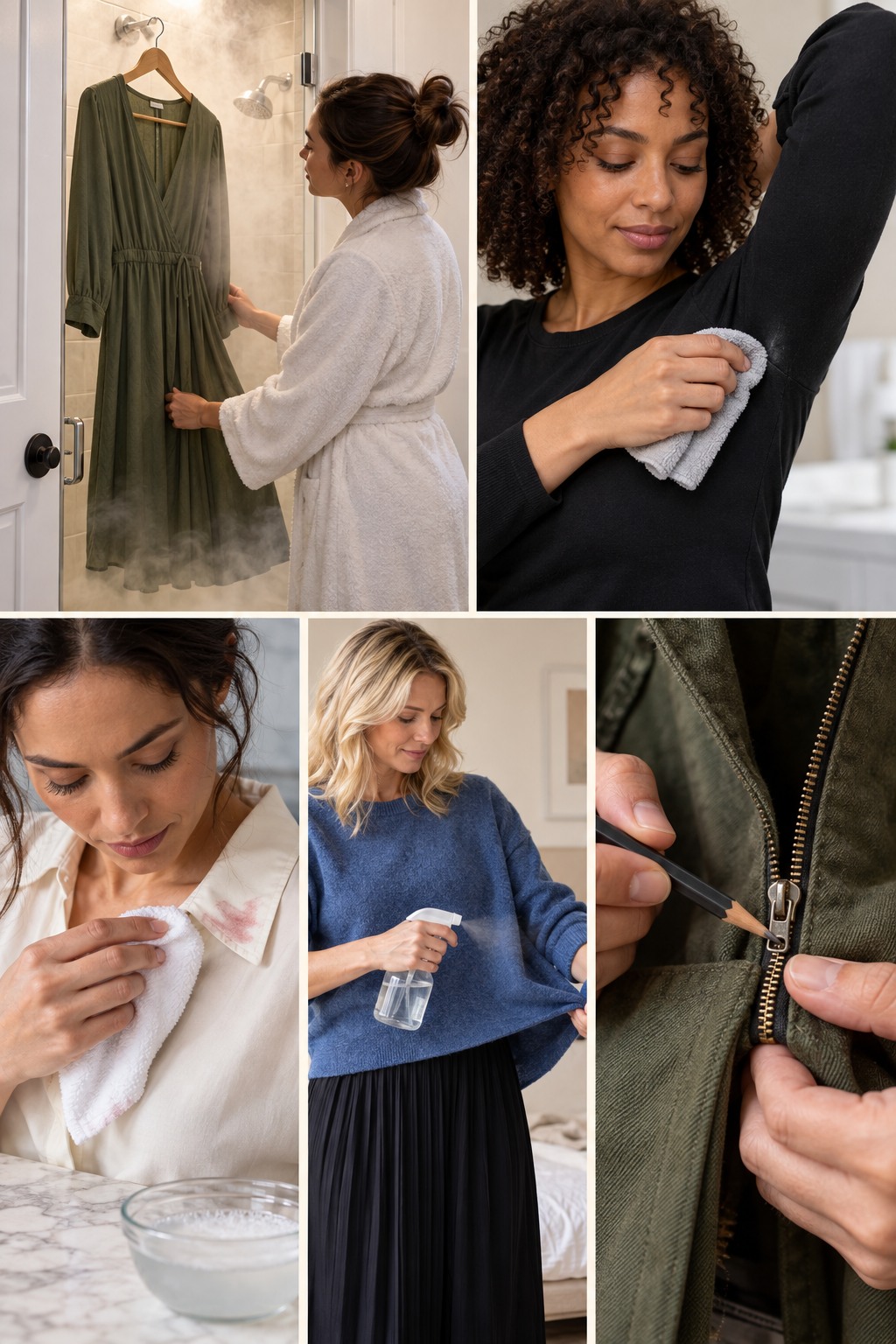 Five realistic examples illustrating clothing hacks for women step by step.