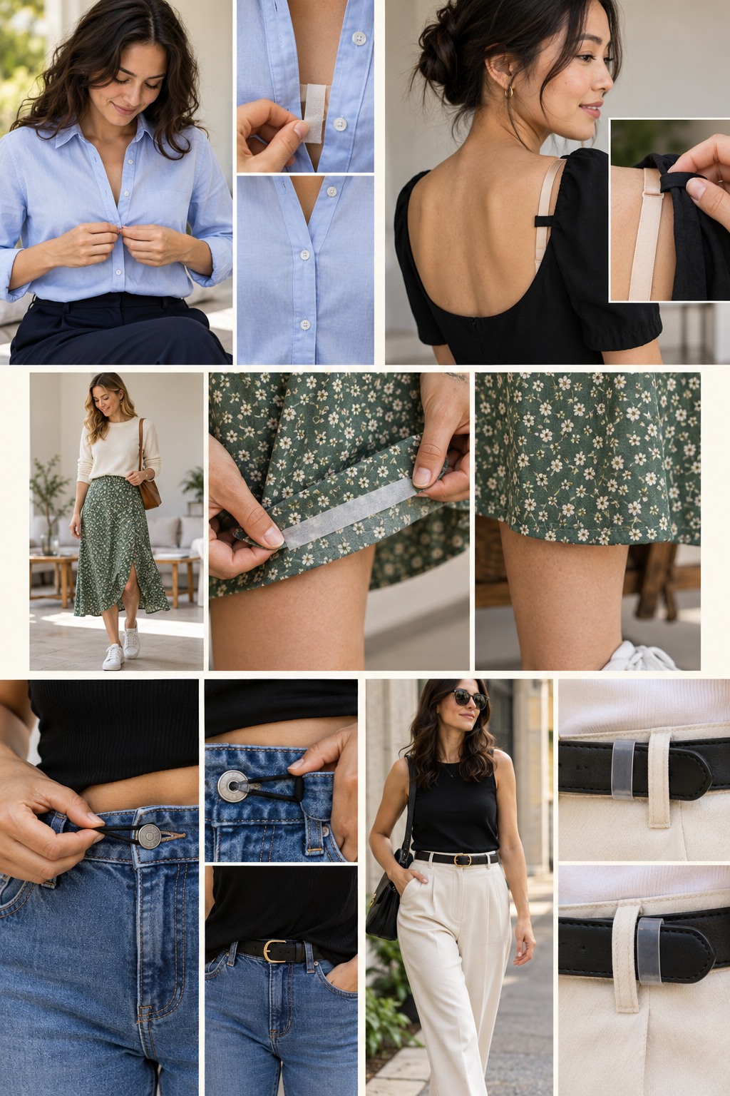 Five realistic examples illustrating clothing hacks for women step by step.
