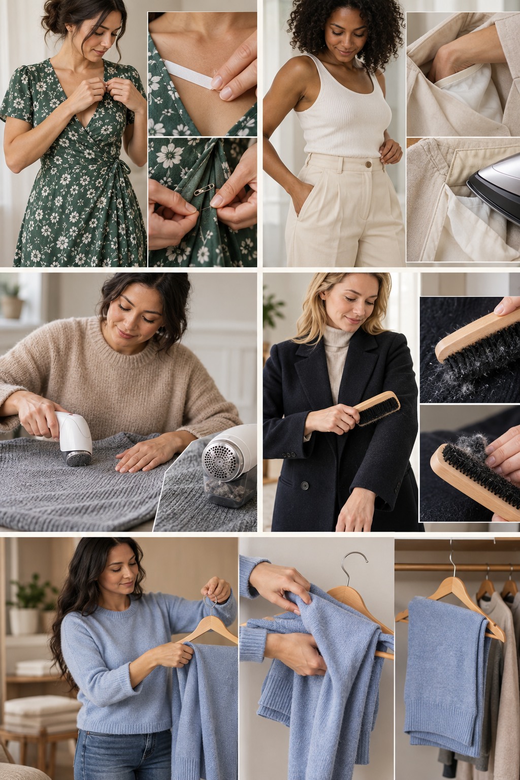 Five realistic examples illustrating clothing hacks for women step by step.