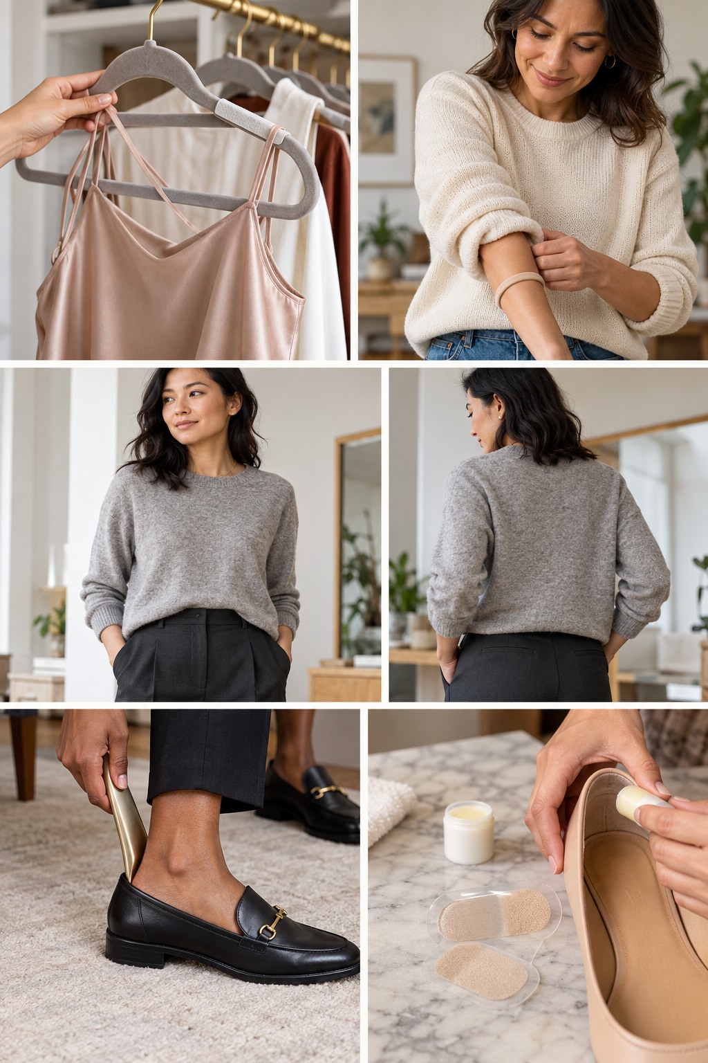 Five realistic examples illustrating clothing hacks for women step by step.