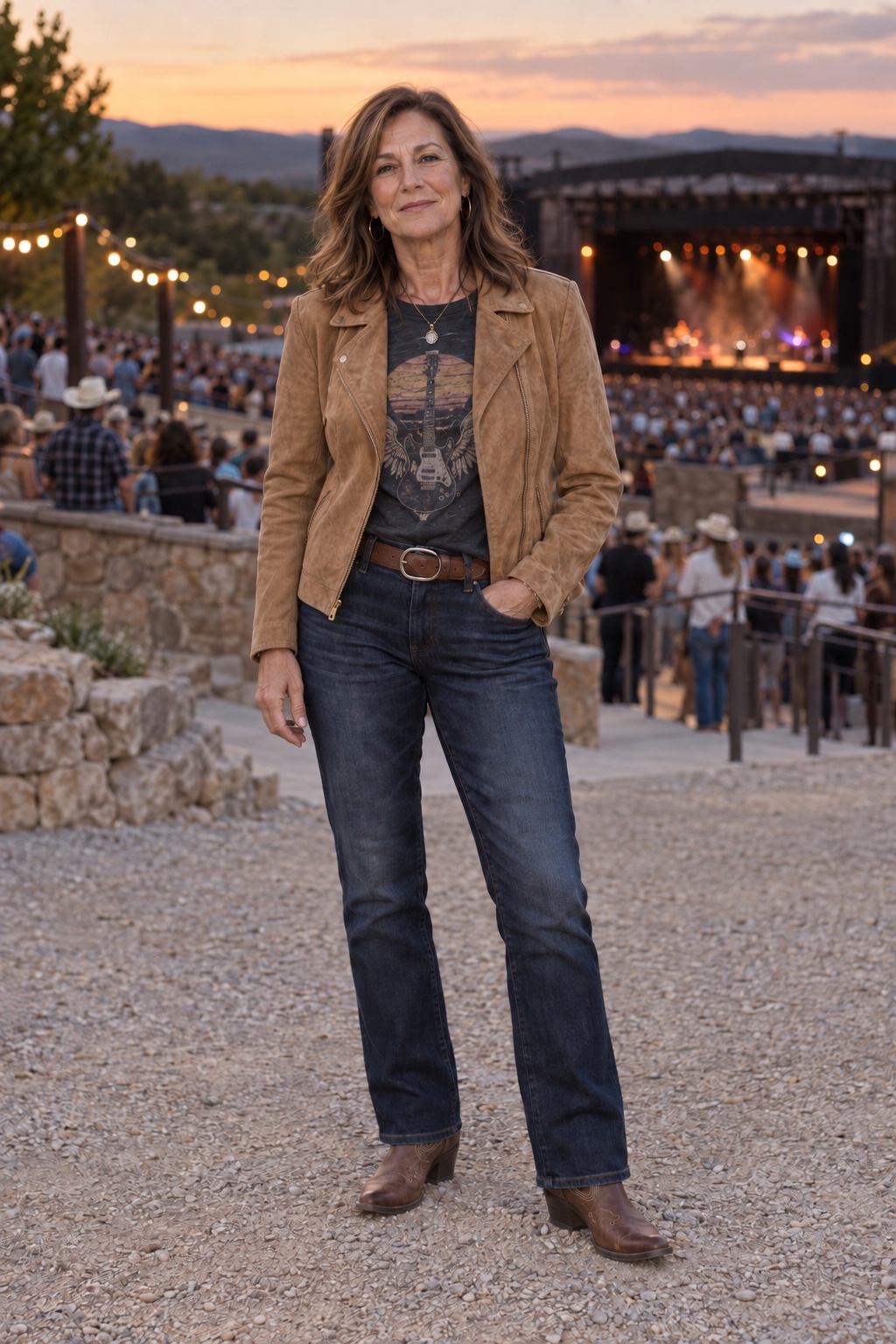A woman in her fifties in dark straight jeans, a tan suede jacket and brown western boots outside an amphitheater at dusk
