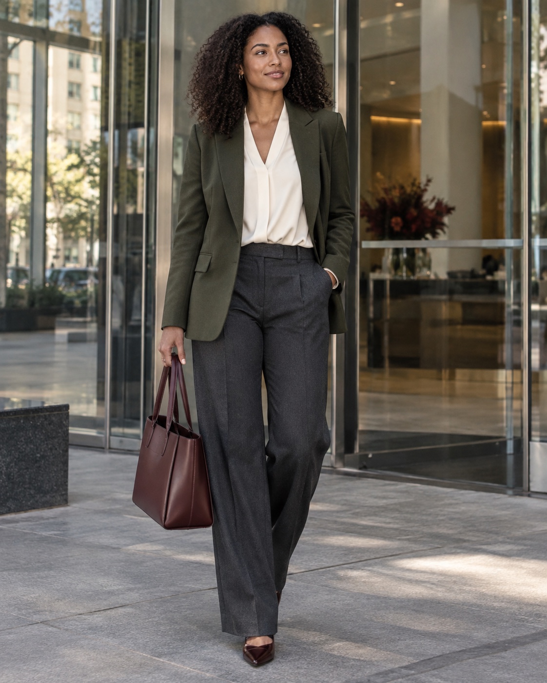 Woman with curly hair wearing an olive blazer, ivory blouse and charcoal trousers outside a glass office lobby.