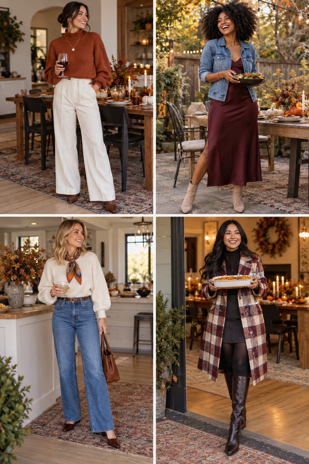 Four practical examples of Friendsgiving outfit ideas in warm autumn colors.