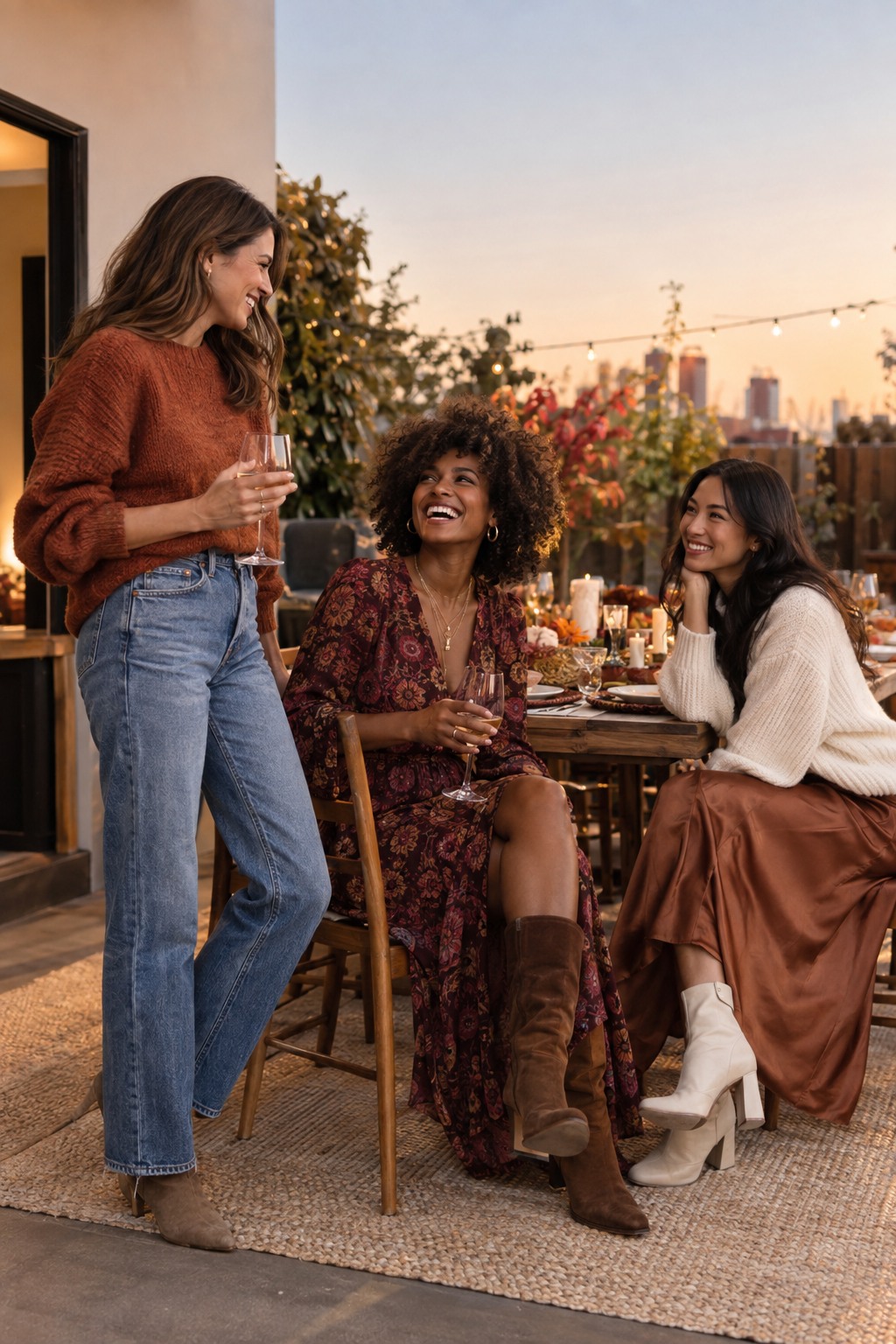 Editorial group of women wearing Friendsgiving outfit ideas in a warm late-autumn setting.