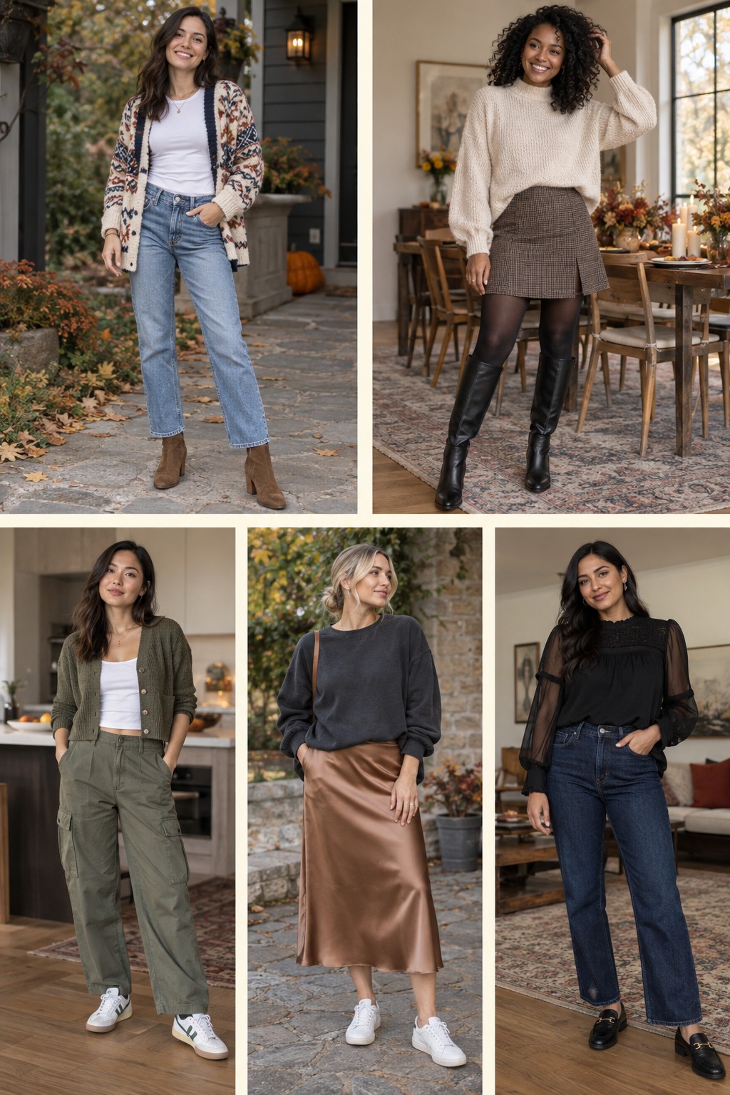 Five Friendsgiving outfit ideas featuring comfortable fall layers and polished accessories.