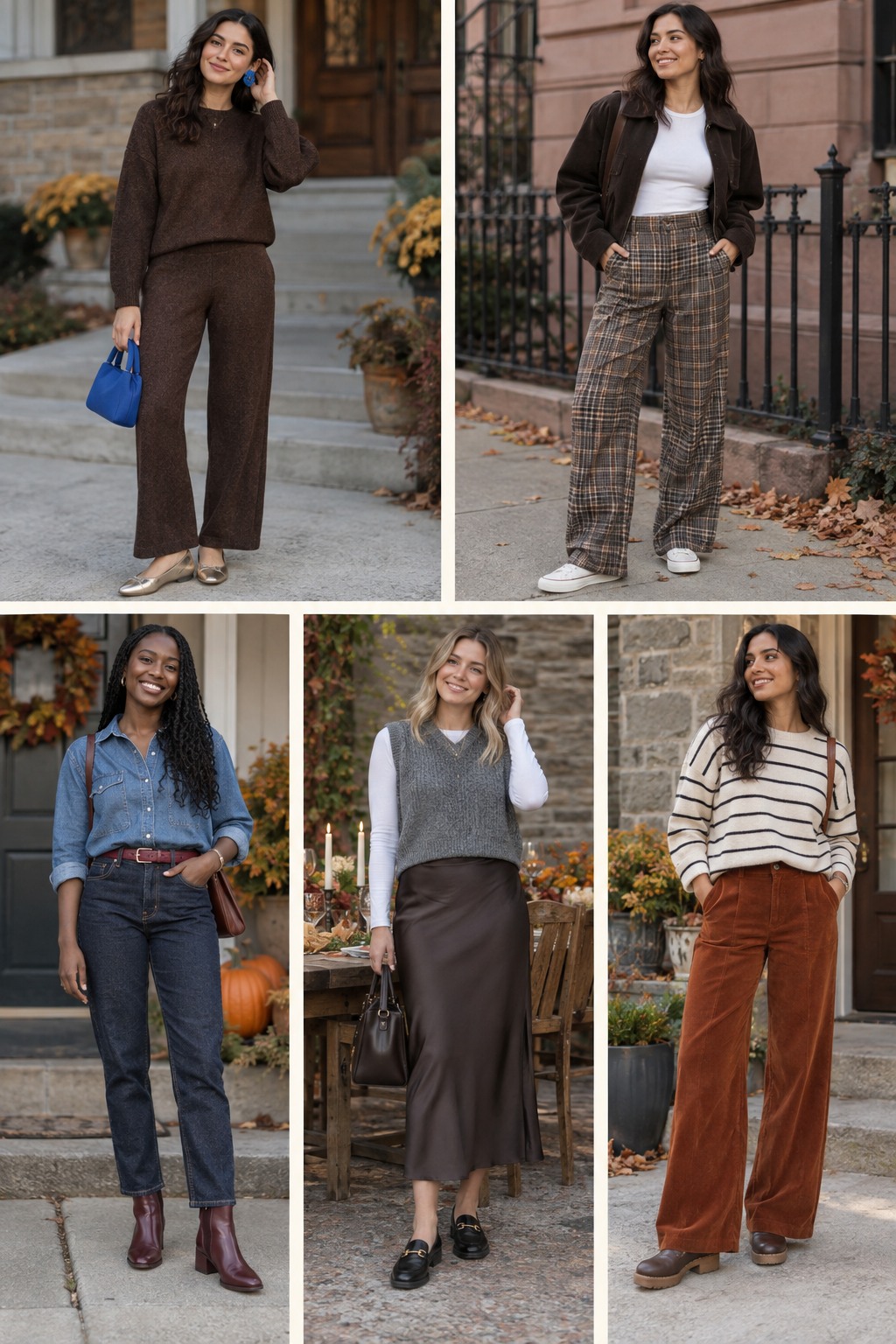 Five Friendsgiving outfit ideas featuring comfortable fall layers and polished accessories.