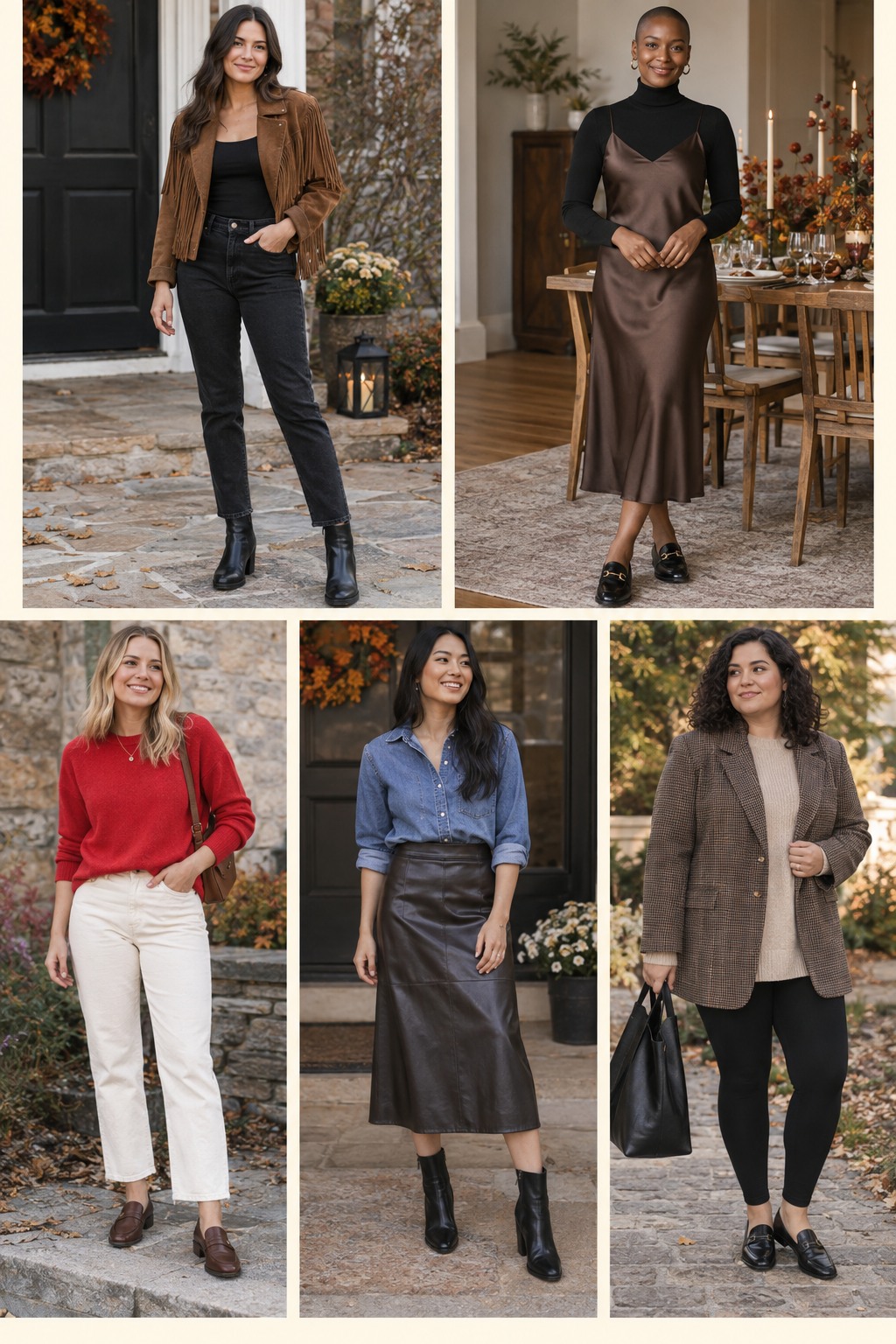 Five Friendsgiving outfit ideas featuring comfortable fall layers and polished accessories.