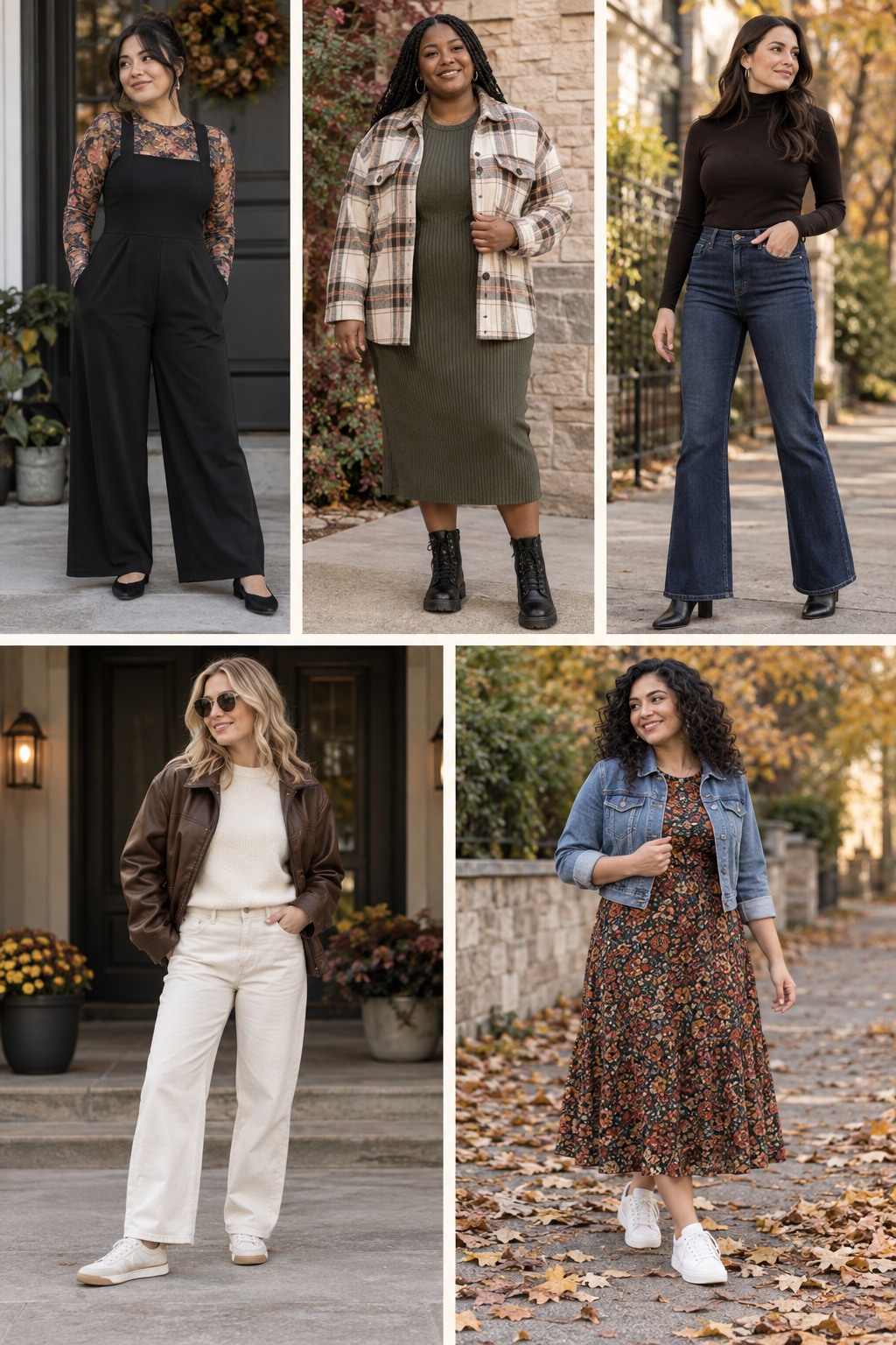 Five Friendsgiving outfit ideas featuring comfortable fall layers and polished accessories.