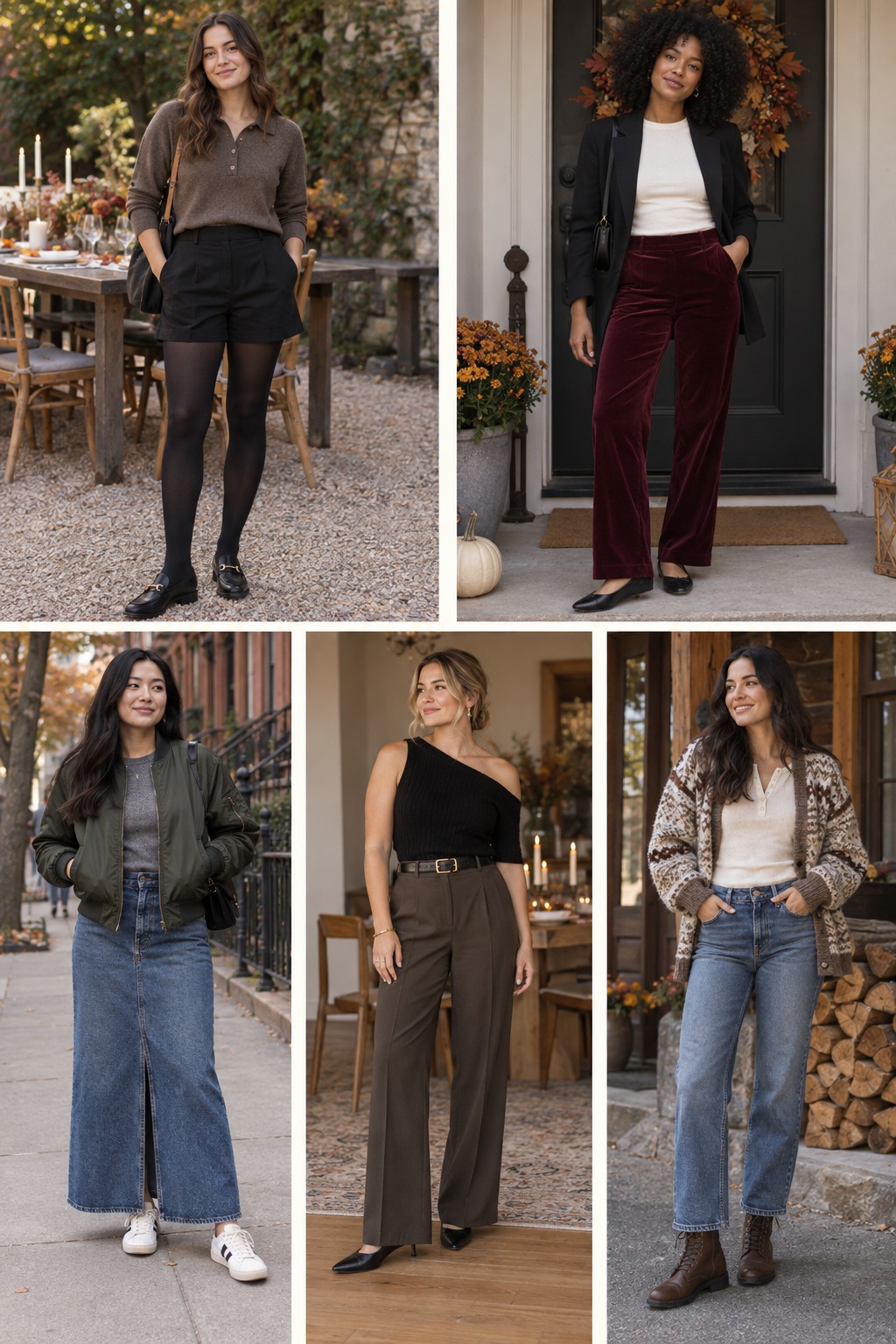 Five Friendsgiving outfit ideas featuring comfortable fall layers and polished accessories.