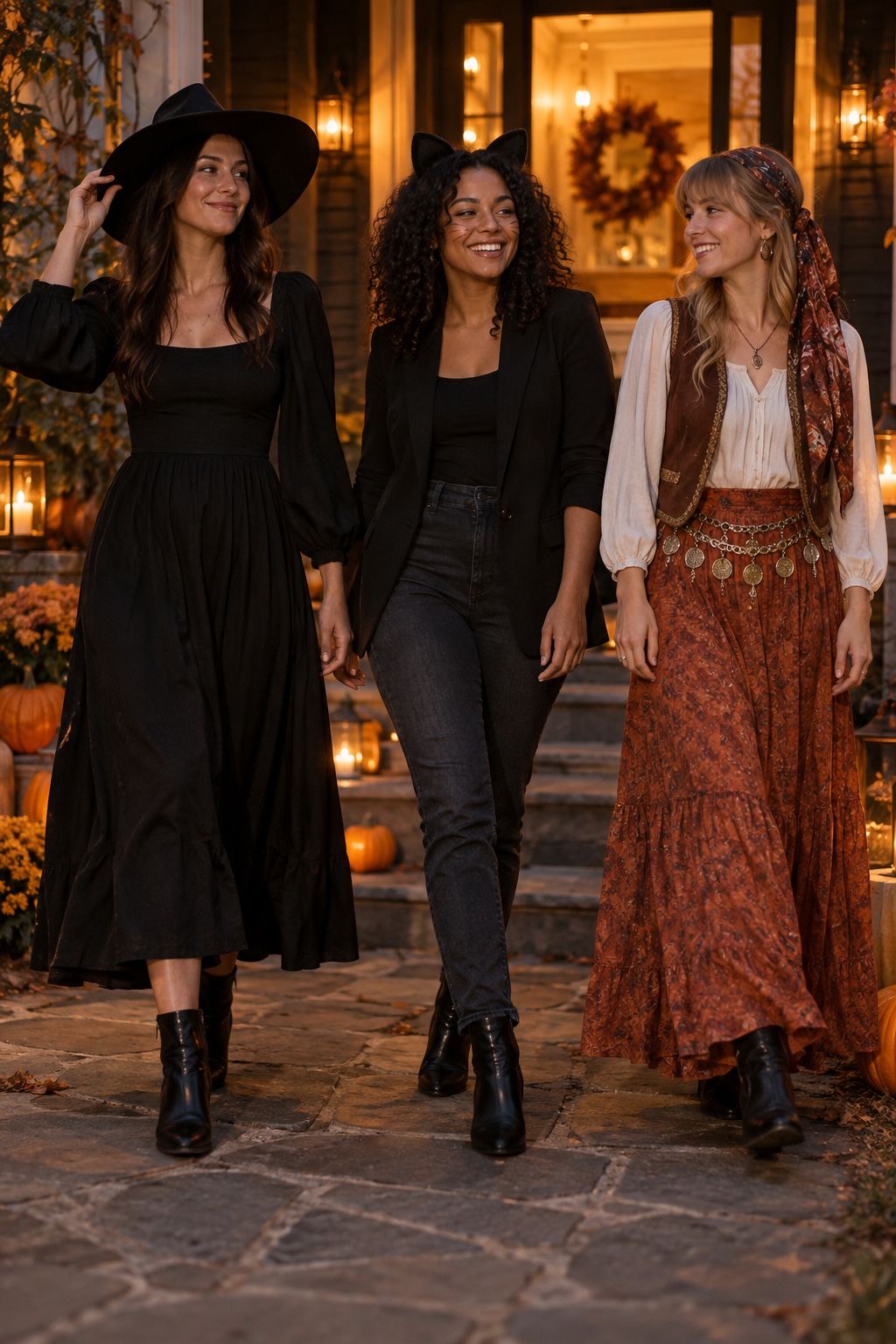 Three women wearing chic closet-built Halloween outfits: a modern witch, a minimalist black cat and a fortune teller-inspired look.