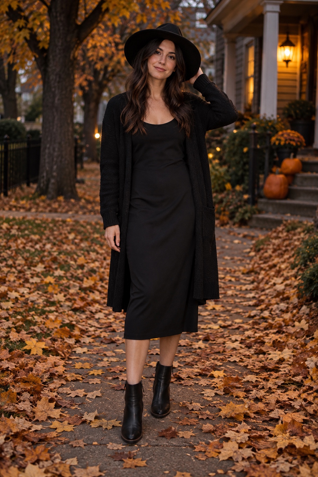 Modern witch Halloween outfit with a black midi dress, cardigan, ankle boots and wide-brim hat.