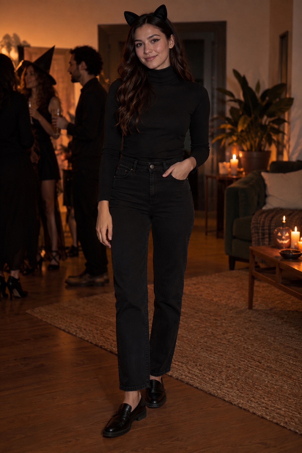 Minimal black cat outfit with black jeans, turtleneck, loafers and a cat-ear headband.