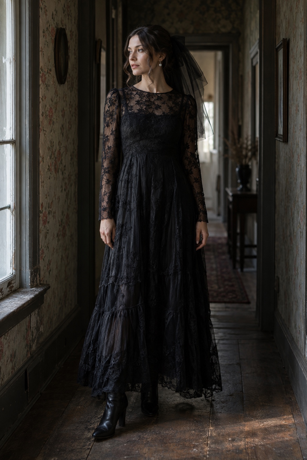 Gothic bride Halloween outfit with a black maxi dress, boots, pearls and a short black veil.