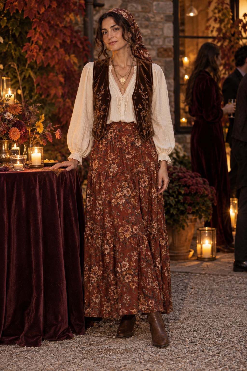 Fortune teller-inspired outfit with a cream blouse, velvet vest, rust maxi skirt and layered necklaces.