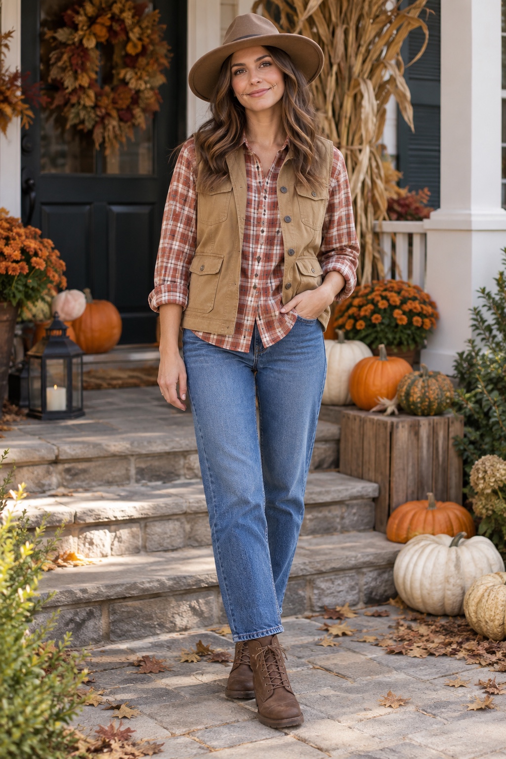 Polished scarecrow Halloween outfit with jeans, plaid shirt, utility vest, boots and felt hat.