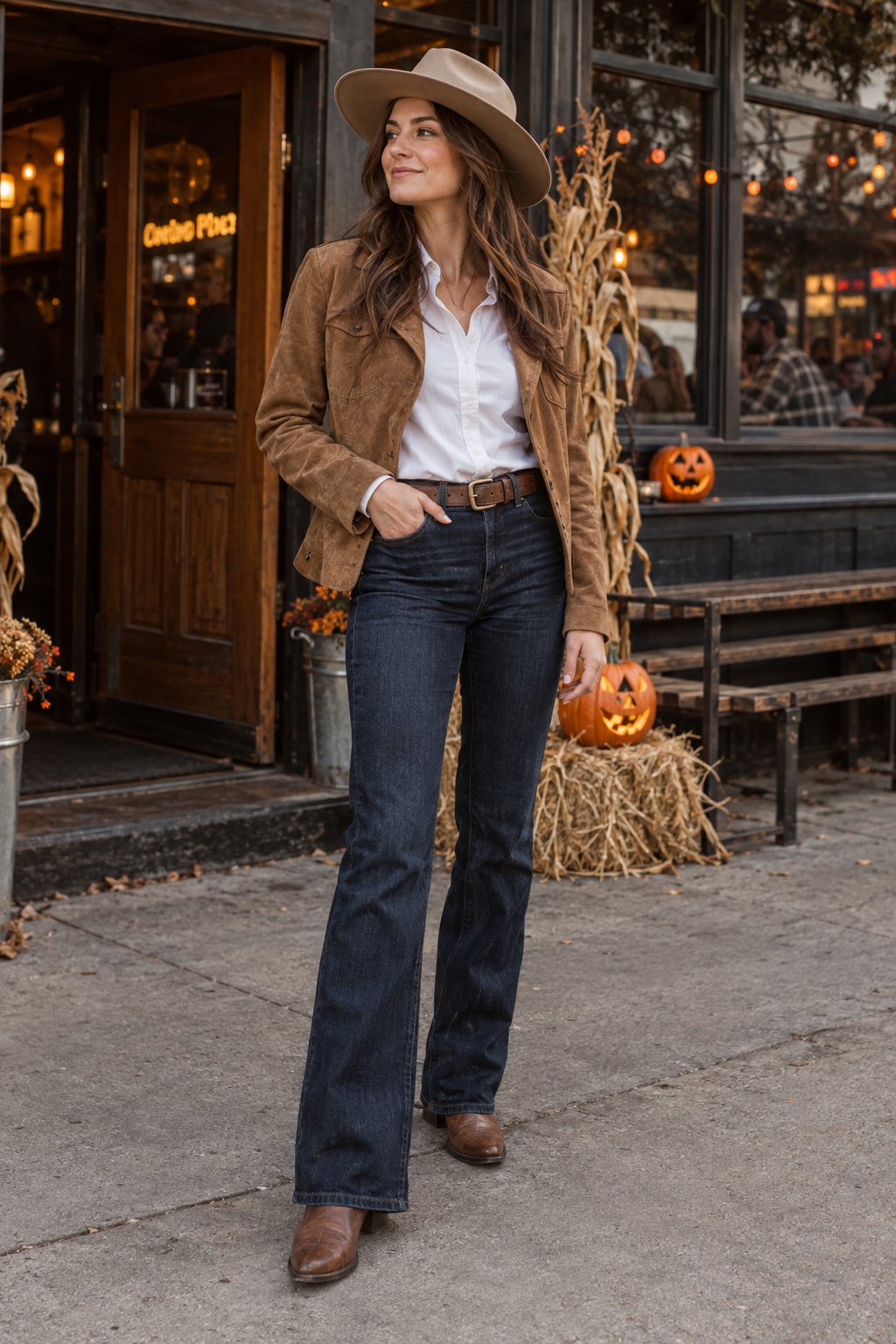 Western cowgirl Halloween outfit with bootcut jeans, white shirt, suede jacket and brown boots.