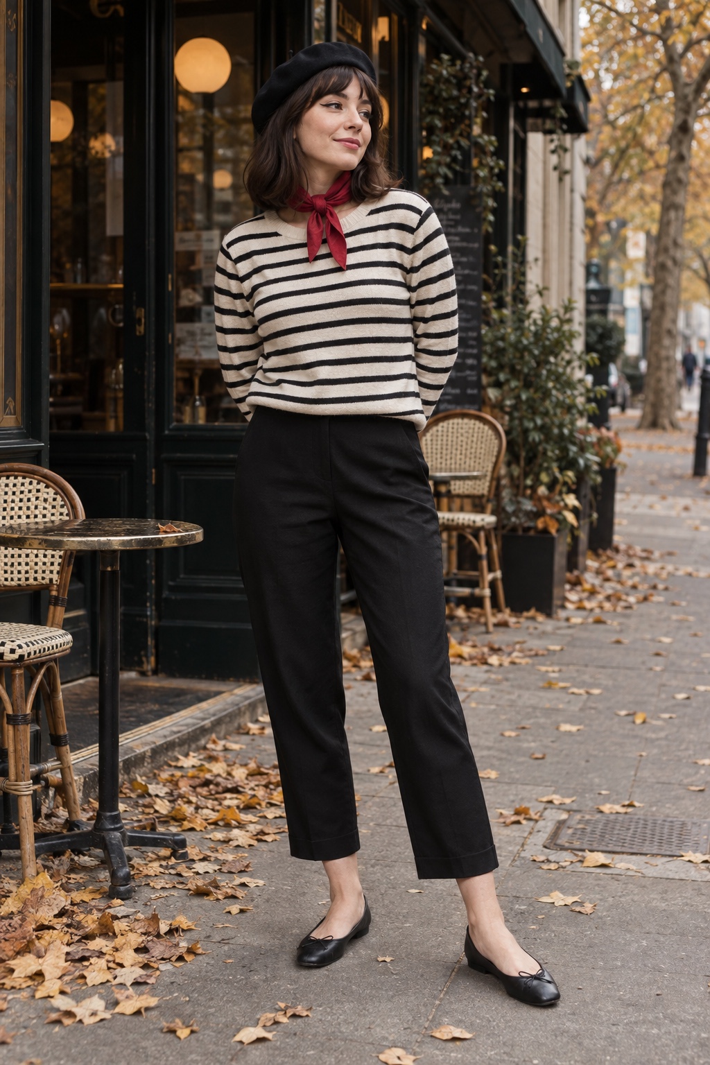 French mime-inspired outfit with a striped top, cropped black trousers, ballet flats, red scarf and beret.
