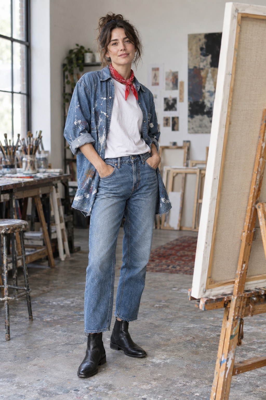 Artist Halloween outfit with jeans, white tee, open denim shirt, ankle boots and red bandana.