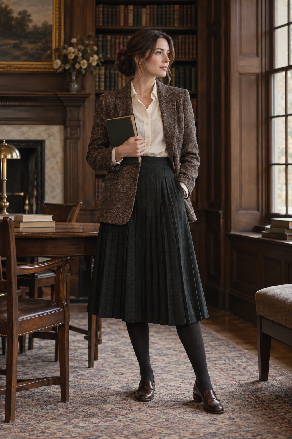 Dark academia professor outfit with tweed blazer, cream shirt, pleated midi skirt, tights and loafers.