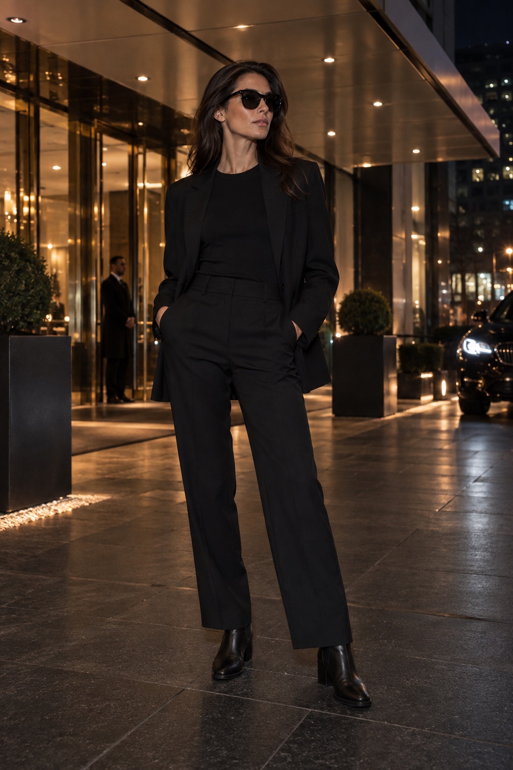 Secret agent Halloween outfit with a black pantsuit, crewneck top, ankle boots and sunglasses.