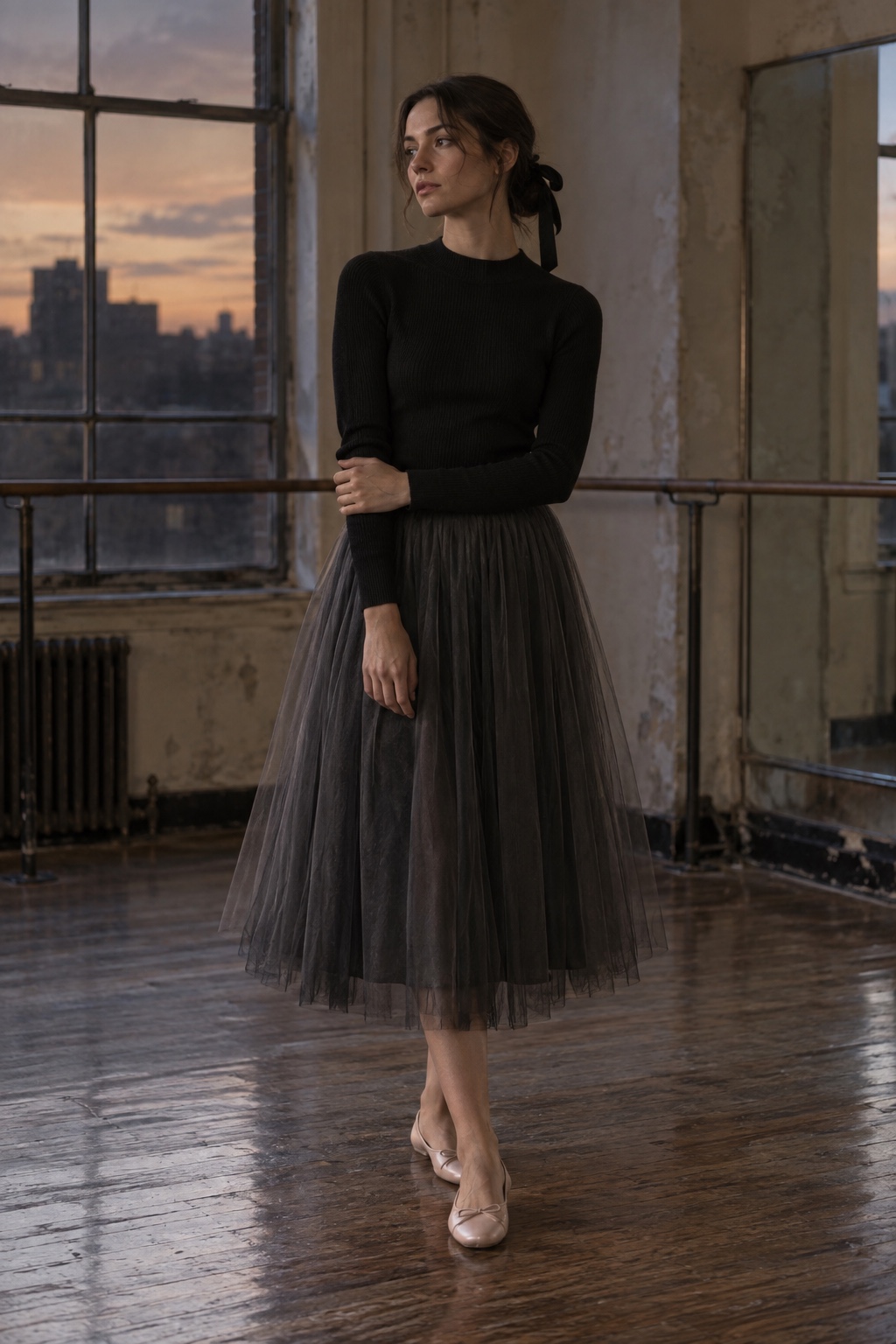 Haunted ballerina outfit with a black knit, charcoal tulle midi skirt, ballet flats and ribbon.